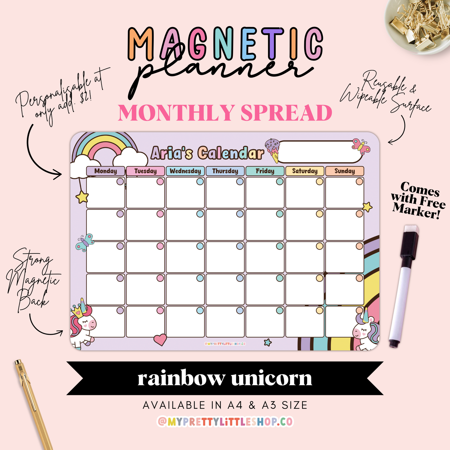 Rainbow Unicorn Monthly Magnetic Planner