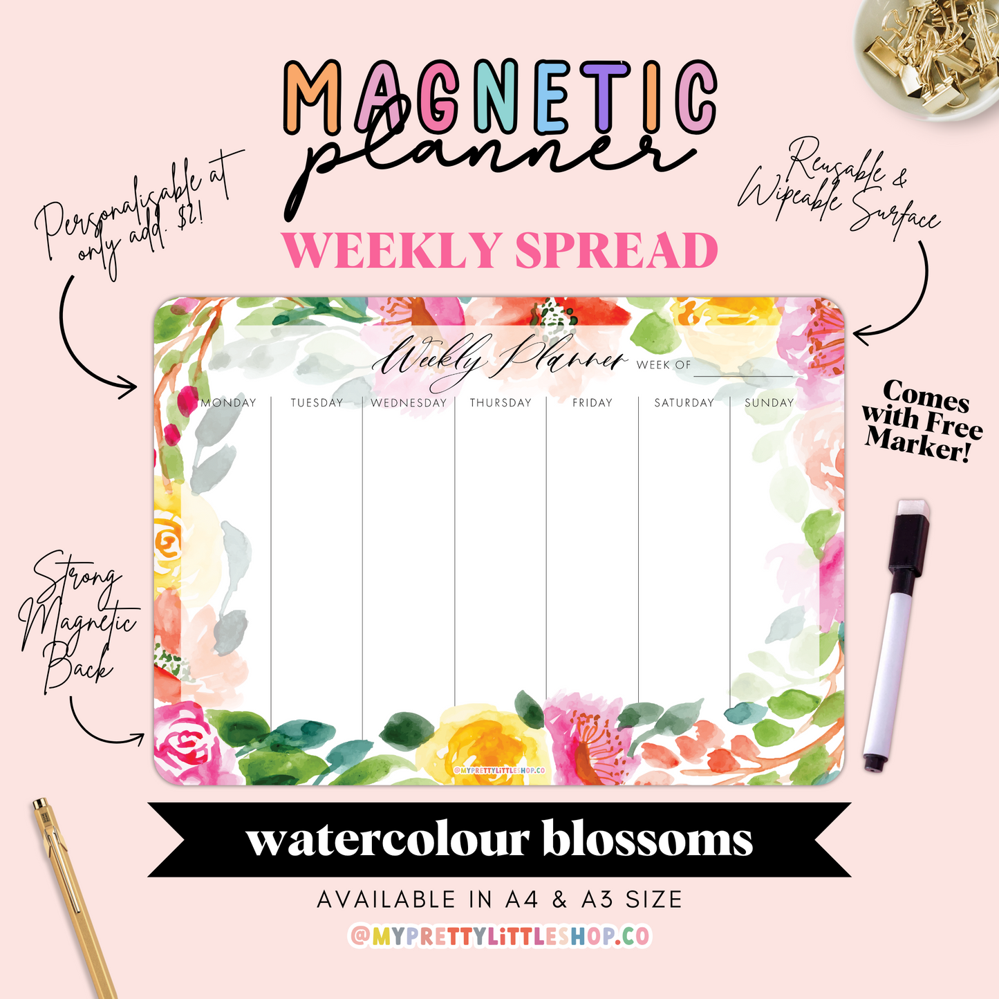Watercolour Blossoms Weekly Magnetic Planner